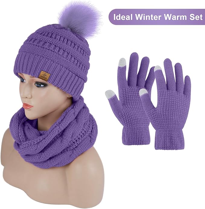 URATOT Winter Warm Knitted Sets Beanie Pompom Hat Scarves Winter Touchscreen Gloves Scarf Set for Men Women