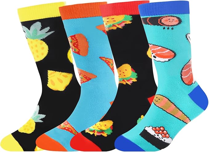 ALANGDUO Funny Crazy Food Socks for Kids, Funky Novelty Crew Socks for Boys Girls 6-10 Years Old, Silly Sushi Pizza Cartoon Cotton Socks, Fun Boys Dress Socks-4 Pairs Birthday Christmas Wacky Gift