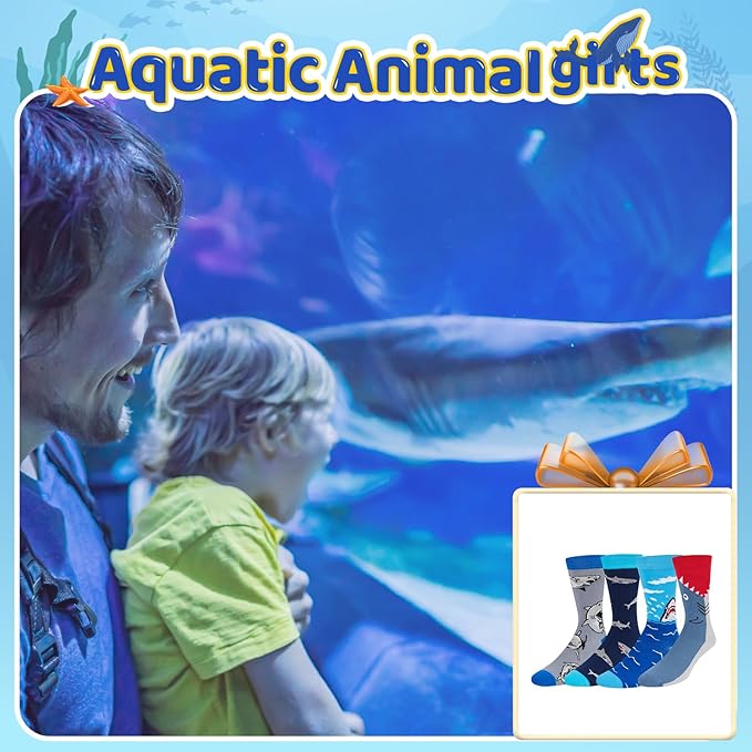 HAPPYPOP Shark Gifts for Boys - Silly Shark Socks Adult 4 Pack, Ocean Socks for Kids Boys 4-18 Years