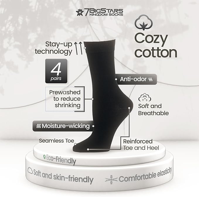 7BigStars Women's Cotton Dress Socks - 4 Pack L/M - Solid Assorted Crew Calf Black Brown Blue Grey Beige Khaki Olive Green