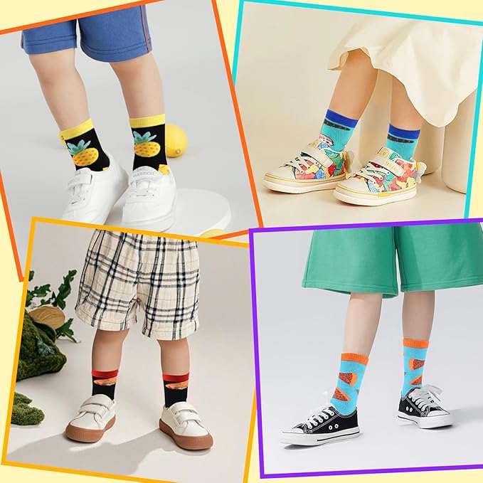 ALANGDUO Funny Crazy Food Socks for Kids, Funky Novelty Crew Socks for Boys Girls 6-10 Years Old, Silly Sushi Pizza Cartoon Cotton Socks, Fun Boys Dress Socks-4 Pairs Birthday Christmas Wacky Gift