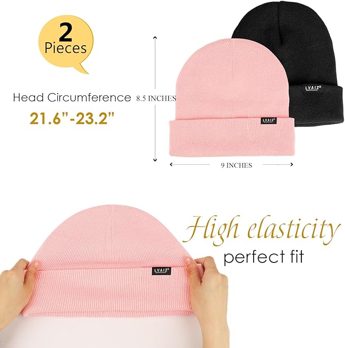 2 Pack Satin Lined Beanie Hats for Men Women Winter Warm Knitted Cuffed Silk Lined Slouchy Skull Cap