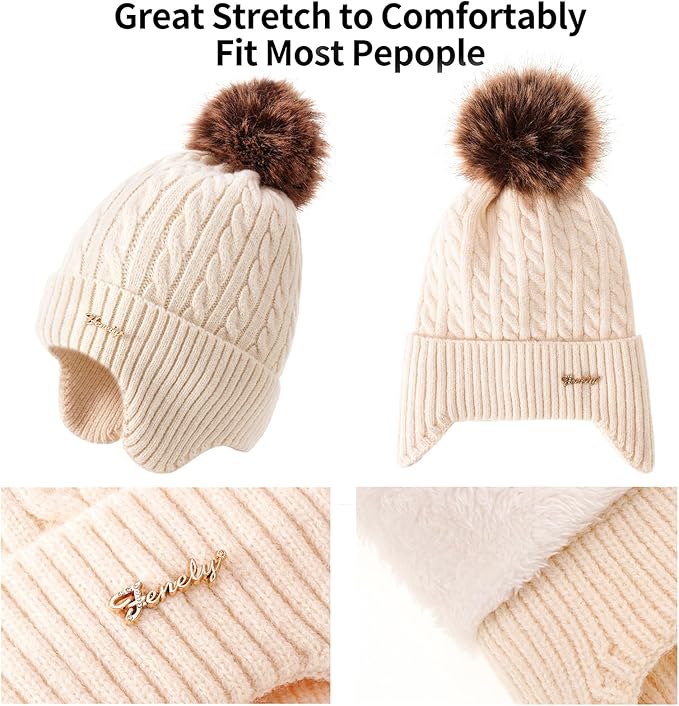 Winter Hat Scarf Gloves Set for Women, Classic Cable Beanie with Removable Pom Pom Long Scarf Touchscreen Gloves 3 in 1 Set