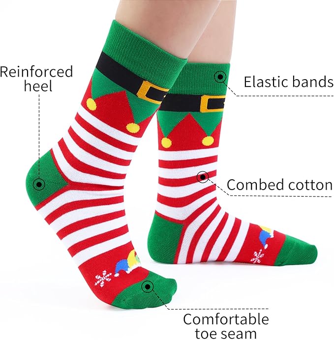 6 Pack Christmas Socks for Boys Girls + Gift Box, Kids Novelty Xmas Crew Stocking