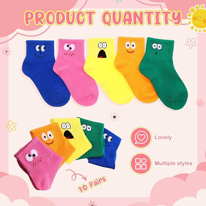 JaGely 10 Pairs Boy Girl Cotton Funny Emotion Crew Socks Novelty Cute Cartoon Crazy Face Socks for Kids Toddler
