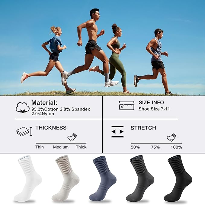 5 Pairs Cotton Men's Crew Socks,Seamless Toe Design,Durable, Soft, Breathable, High Stretch, Size 7-11
