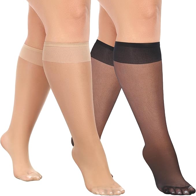 MANZI 10 Pairs Plus Size Knee High Stockings for Women 15D Sheer Nylons Socks with Wide Calf