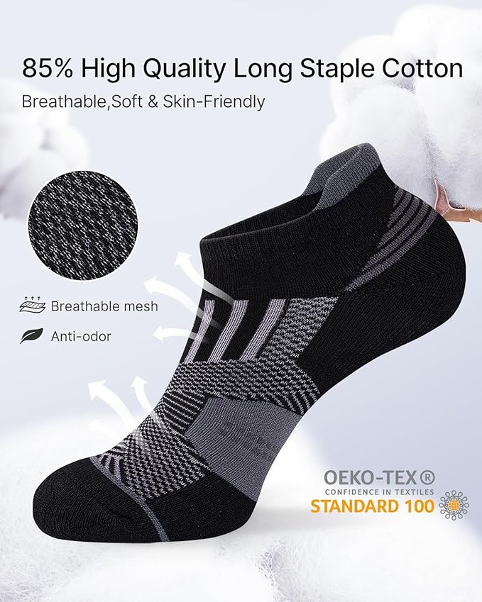 Mens Low Cut Ankle Socks, Moisture Wicking Cotton Casual Short Socks, Breathable ＆ Comfy, 6 Pairs