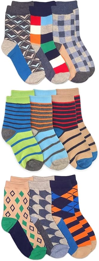 Jefferies Socks Boys Fashion Novelty Dinosaur Stripes Pattern Variety Crew Socks 9 Pair Pack