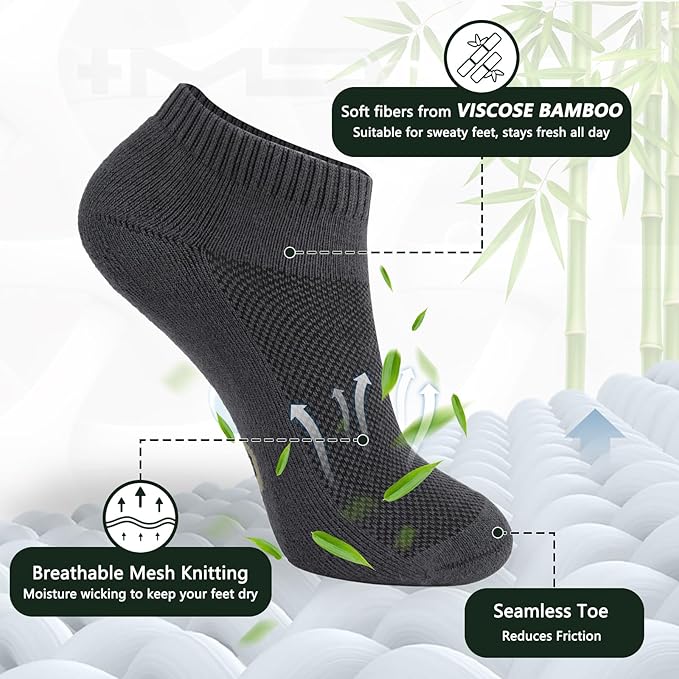 +MD 6 Pairs Ankle Socks for Women and Men, Bamboo Viscose Smell Control Cushioned Sole Casual Low Cut Socks