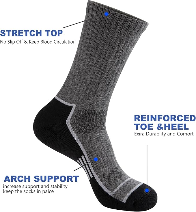 COOPLUS Mens Cotton Cushioned Crew Socks Athletic Running Moisture Wicking Performance Work Boot Socks for Men 6 Pairs