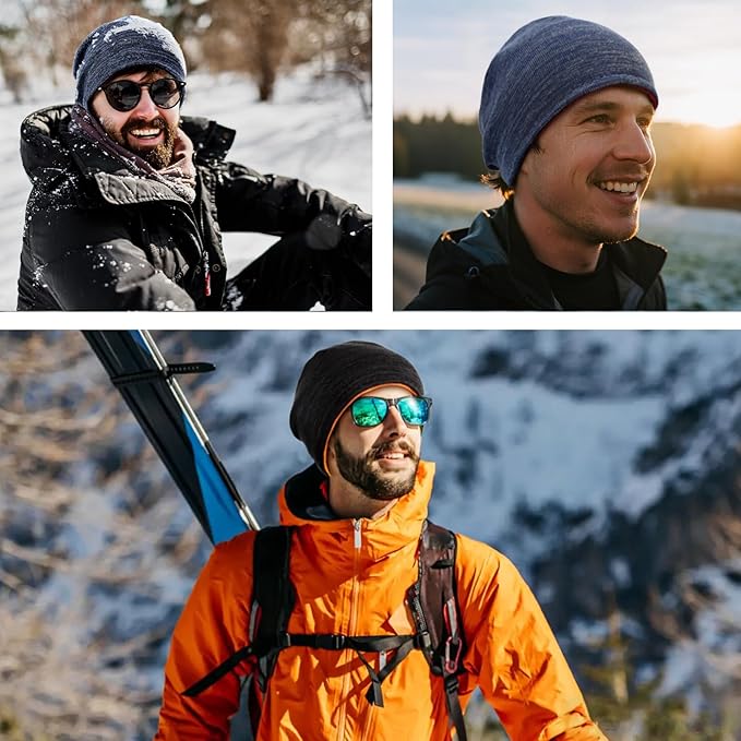 3 Pack Reversible Winter Fleece Lined Beanie Hats for Men Women Warm Windproof Cotton Stretchy Knitted Skull Caps