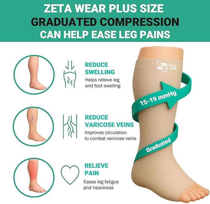 Zeta Wear Plus Size Calf Compression Sleeves 15-19 mmHg Support for Men & Women Wide Calves, Swelling, Varicose Veins, Travel