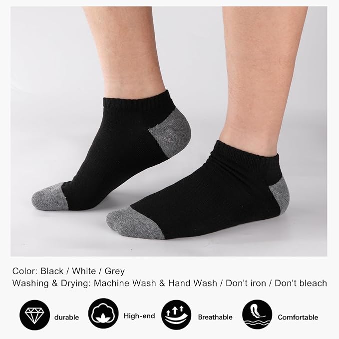 COOVAN 10 Pairs Mens Cushion Ankle Socks Men 10 Pack Low Cut Comfort Breathable Casual Socks