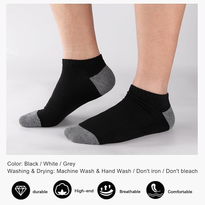 COOVAN 10 Pairs Mens Cushion Ankle Socks Men 10 Pack Low Cut Comfort Breathable Casual Socks
