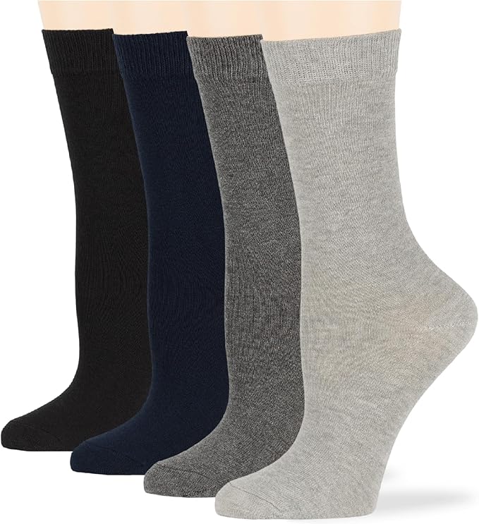 7BigStars Women's Cotton Dress Socks - 4 Pack L/M - Solid Assorted Crew Calf Black Brown Blue Grey Beige Khaki Olive Green