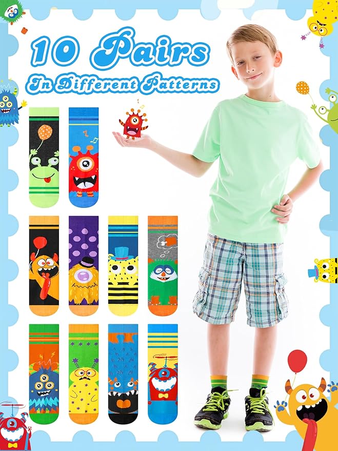 Jinei 10 Pairs Boys Socks with Monster Pattern Novelty Cartoon Socks Colorful Funny