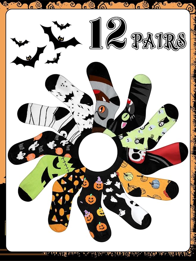 Toulite 12 Pairs Halloween Socks Ghost Bat Vampire Novelty Design Crew Socks for Halloween Funky Toddler Kids