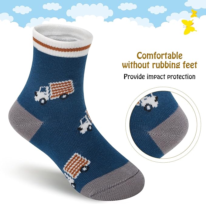 Padgene 10 Pairs Kids Boys Fun Novelty Socks Toddler None Slip Cotton Crew Dress Socks Cartoon Dinosaur Car Shark Stripes