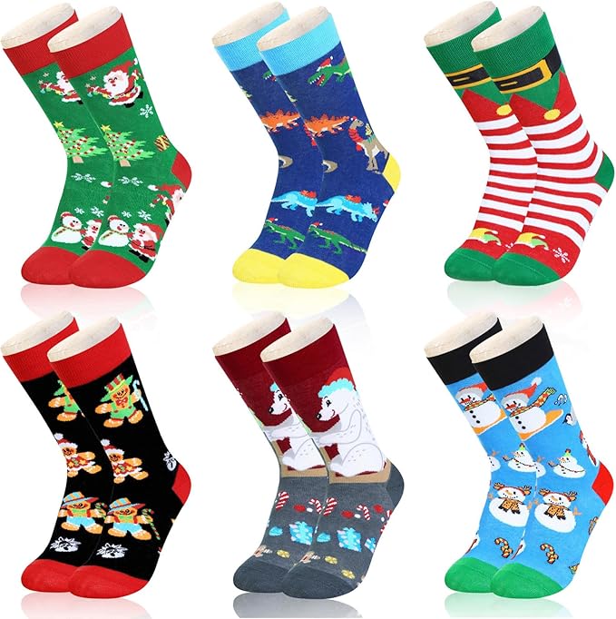 6 Pack Christmas Socks for Boys Girls + Gift Box, Kids Novelty Xmas Crew Stocking