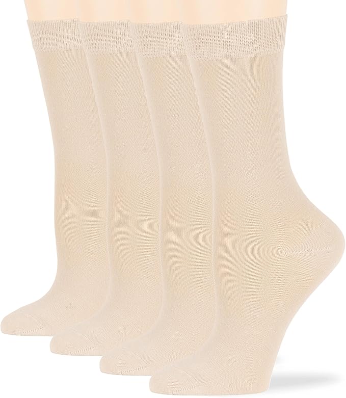 7BigStars Women's Cotton Dress Socks - 4 Pack L/M - Solid Assorted Crew Calf Black Brown Blue Grey Beige Khaki Olive Green
