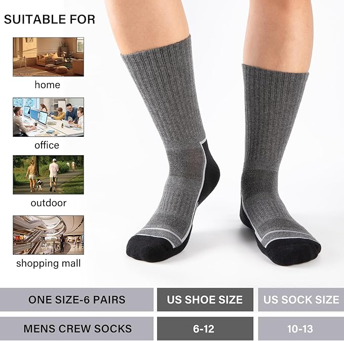 COOPLUS Mens Cotton Cushioned Crew Socks Athletic Running Moisture Wicking Performance Work Boot Socks for Men 6 Pairs