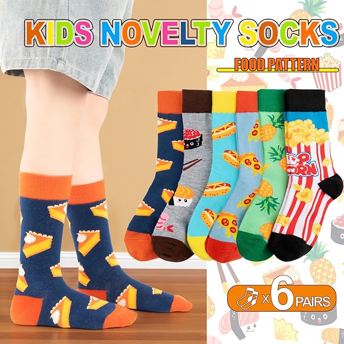 Kids Boys Girls Crew Socks 4-6 Pack + Gift Box, Novelty Funky Colorful Toddler Calf Socks for Teens