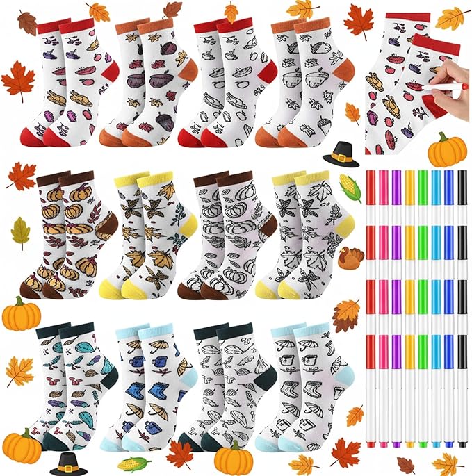 ShinyMarch 12 Pairs Kids Doodle Socks Color Your Own Socks DIY Kid Drawing Craft Arts with 48 Pcs Markers