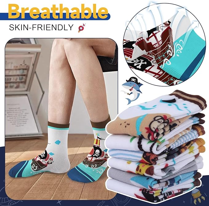 Queenshin Pirate little Boys Crew Socks 2-11 Years Old 6 Pairs Crazy Novelty Cartoon Socks Birthday Christmas Gift