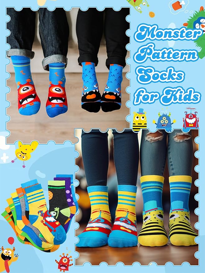 Jinei 10 Pairs Boys Socks with Monster Pattern Novelty Cartoon Socks Colorful Funny