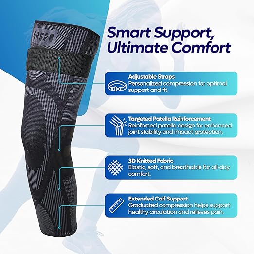 Caspe 1 Pack Full Leg Compression Sleeve for Men & Women with Strap – 3D Knit Support for Thigh, Knee & Calf – Non-Slip, Breathable Leg Compression for Sports, Recovery (Large)