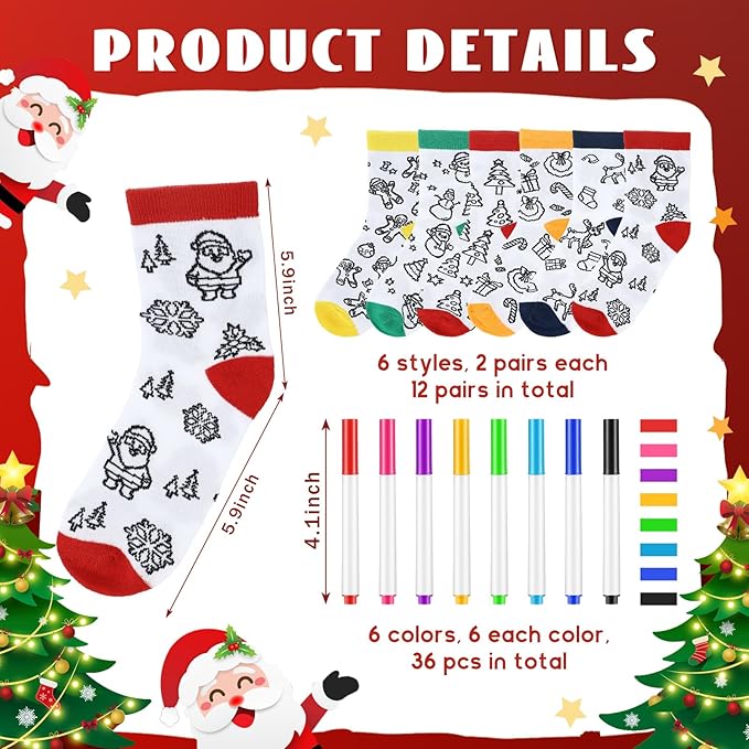 ShinyMarch 12 Pairs Kids Doodle Socks Color Your Own Socks DIY Kid Drawing Craft Arts with 48 Pcs Markers