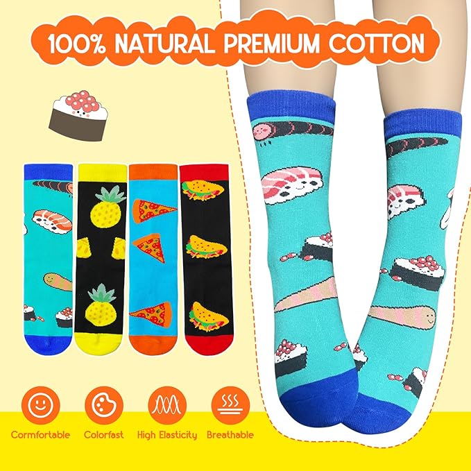 ALANGDUO Funny Crazy Food Socks for Kids, Funky Novelty Crew Socks for Boys Girls 6-10 Years Old, Silly Sushi Pizza Cartoon Cotton Socks, Fun Boys Dress Socks-4 Pairs Birthday Christmas Wacky Gift