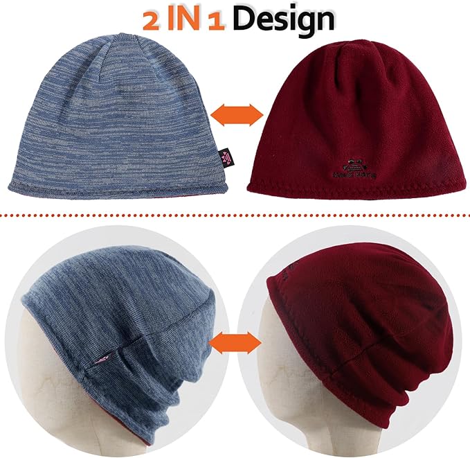 3 Pack Reversible Winter Fleece Lined Beanie Hats for Men Women Warm Windproof Cotton Stretchy Knitted Skull Caps