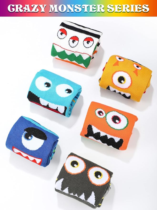 Jinei 6 Pairs Boys Monster Pattern Socks Kids Toddler Funny Crazy Cotton Crew Socks Novelty Christmas Gift Party Favors