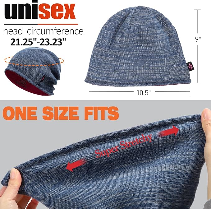 3 Pack Reversible Winter Fleece Lined Beanie Hats for Men Women Warm Windproof Cotton Stretchy Knitted Skull Caps