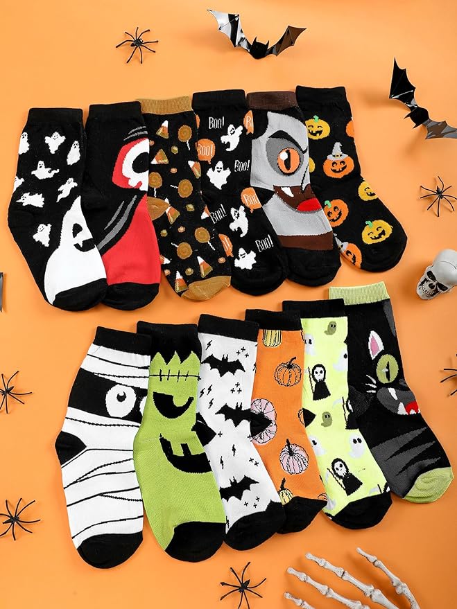 Toulite 12 Pairs Halloween Socks Ghost Bat Vampire Novelty Design Crew Socks for Halloween Funky Toddler Kids