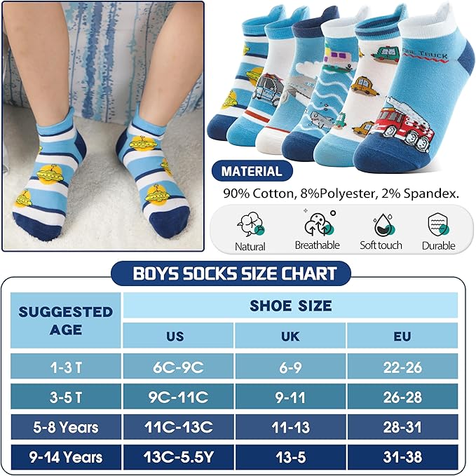 Kids Boys Ankle Socks No Show Low Cut Funny Cute Cartoon Novelty Cotton Socks 6 Pairs