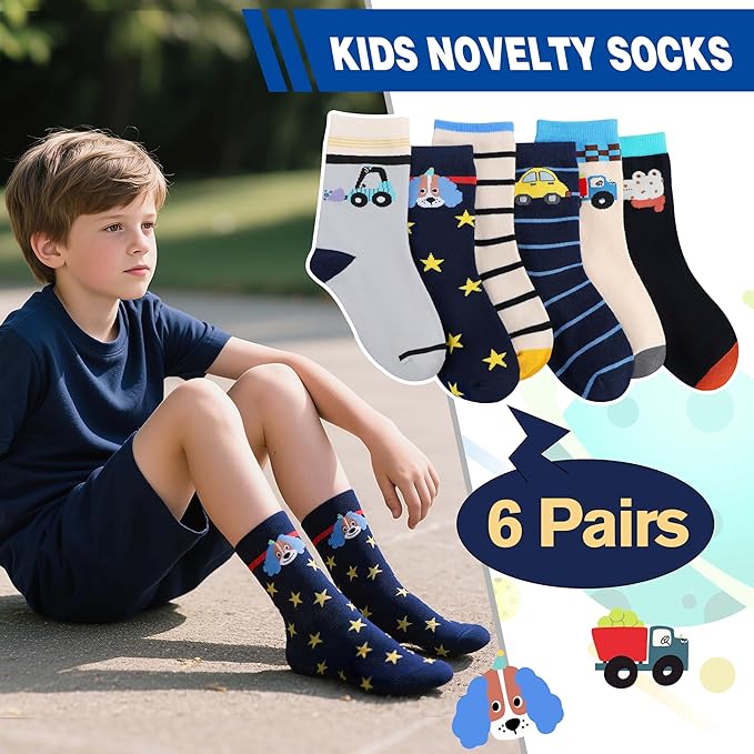 Kids Boys Fun Cotton Crew Socks Funny Crazy Cartoon Novelty Space Trucks Star Dress Socks 6 Pairs