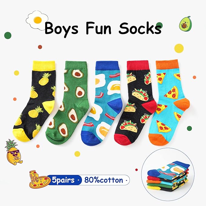 BONANGEL Boys Socks 5-8 Years Old, Fun Novelty Animal Food Space Crazy Funny Cute Kids Socks 8-10 10-12 Years 5 Pairs