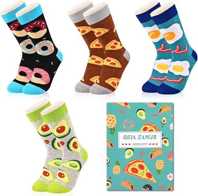 Kids Boys Girls Crew Socks 4-6 Pack + Gift Box, Novelty Funky Colorful Toddler Calf Socks for Teens