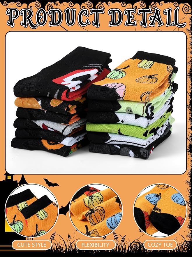 Toulite 12 Pairs Halloween Socks Ghost Bat Vampire Novelty Design Crew Socks for Halloween Funky Toddler Kids
