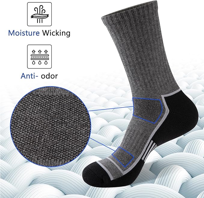 COOPLUS Mens Cotton Cushioned Crew Socks Athletic Running Moisture Wicking Performance Work Boot Socks for Men 6 Pairs