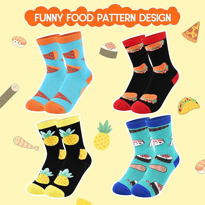 ALANGDUO Funny Crazy Food Socks for Kids, Funky Novelty Crew Socks for Boys Girls 6-10 Years Old, Silly Sushi Pizza Cartoon Cotton Socks, Fun Boys Dress Socks-4 Pairs Birthday Christmas Wacky Gift