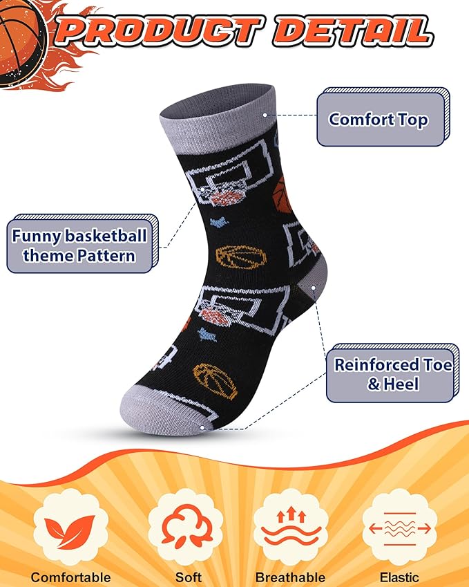 Haysandy 6 Pairs Novelty Sports Socks for Boys Kids Athletic Crew Sock for 8-12 Kids Gift
