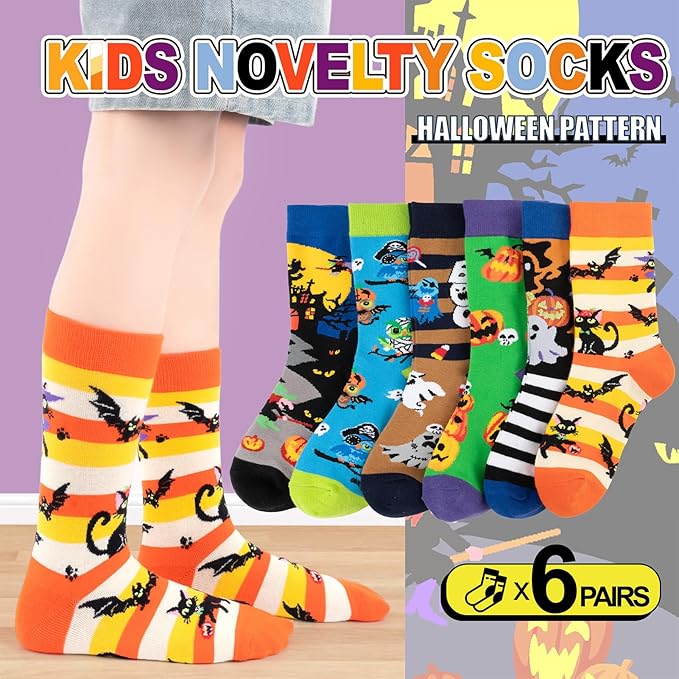 Kids Boys Girls Crew Socks 4-6 Pack + Gift Box, Novelty Funky Colorful Toddler Calf Socks for Teens