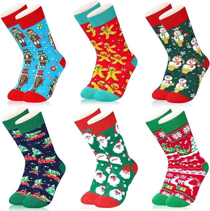 6 Pack Christmas Socks for Boys Girls + Gift Box, Kids Novelty Xmas Crew Stocking