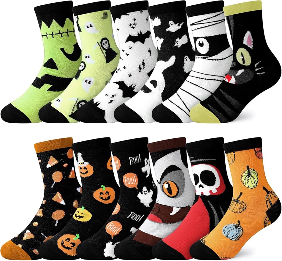 Toulite 12 Pairs Halloween Socks Ghost Bat Vampire Novelty Design Crew Socks for Halloween Funky Toddler Kids