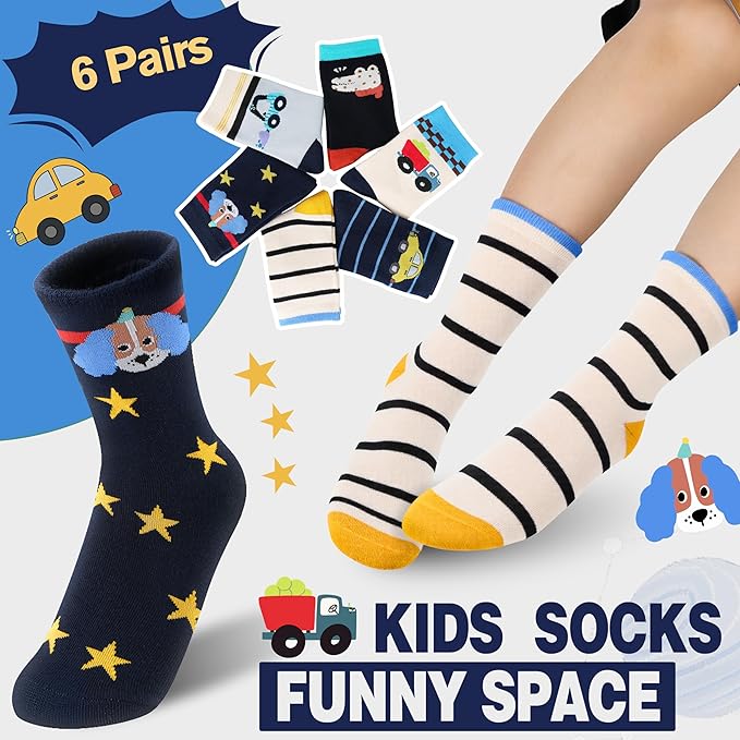 Kids Boys Fun Cotton Crew Socks Funny Crazy Cartoon Novelty Space Trucks Star Dress Socks 6 Pairs