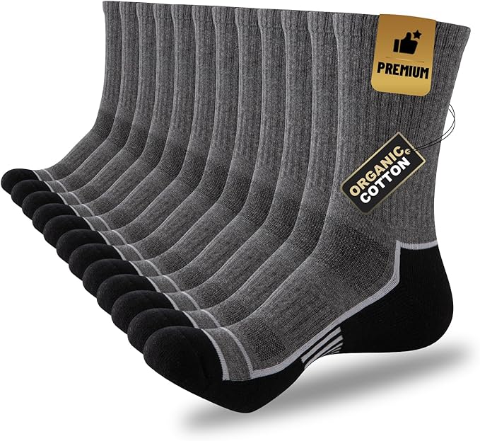 COOPLUS Mens Cotton Cushioned Crew Socks Athletic Running Moisture Wicking Performance Work Boot Socks for Men 6 Pairs